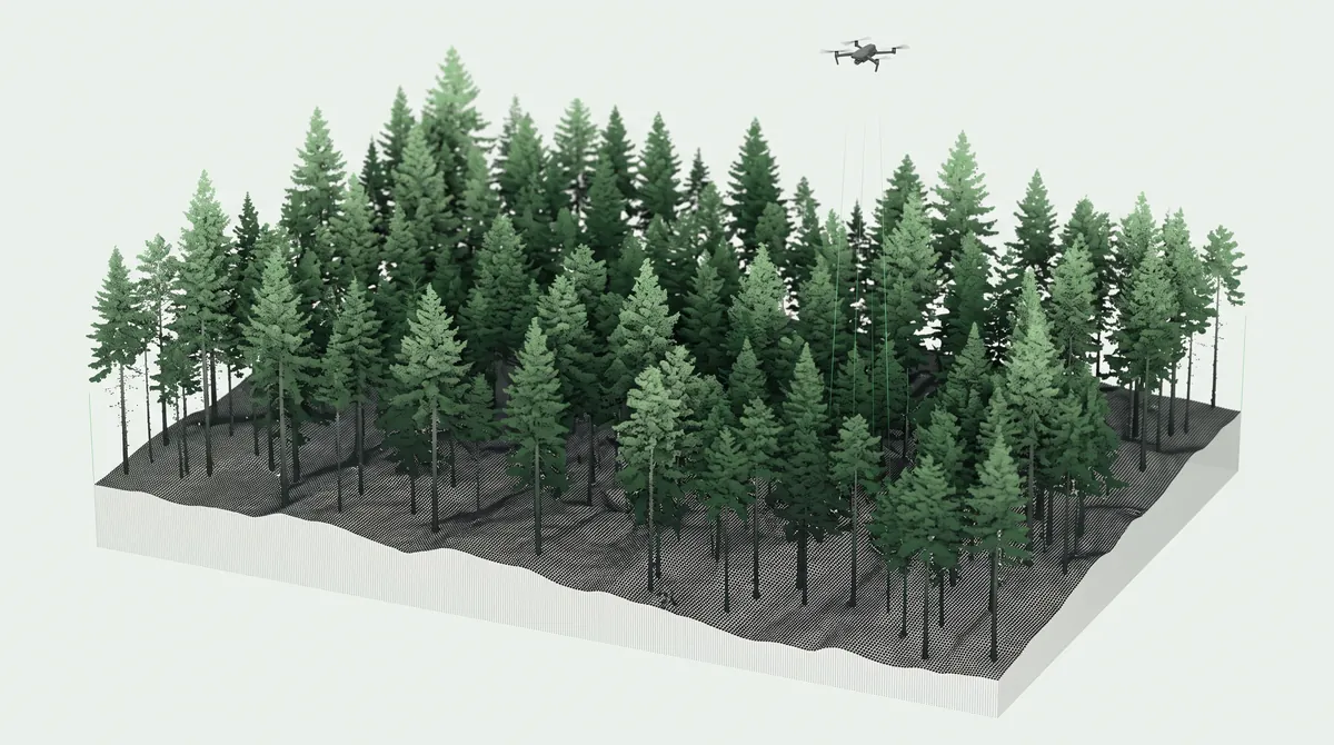 Illustration d'un nuage de points LiDAR d'une parcelle de forêt de résineux, vue en perspective avec le relief du sol